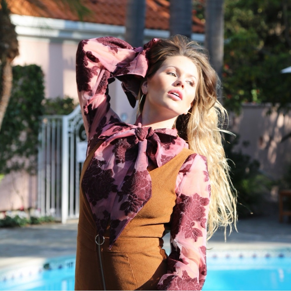 Co brand - Floral pink,  red button-down blouse, bow tie on sleeves and collar.